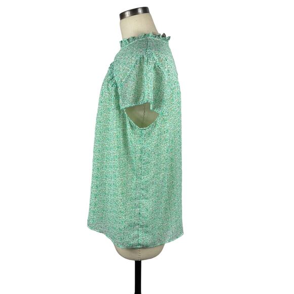 JOIE Pastel Green Cap Sleeve Metallic Floral Popover Blouse Women's XL Top - Picture 2 of 8